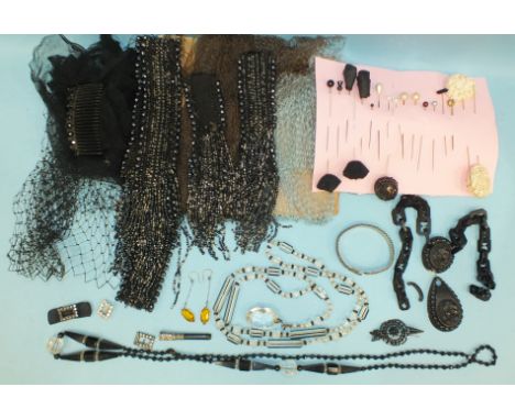 A Victorian jet necklace, (a/f), a 19th century cut-steel bangle, a pair of paste drop earrings, a black and clear glass neck