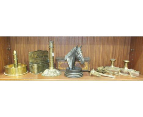 A gilt bronze model of a lighthouse, the rocky base with inset steps, 20cm high, two Chandris Lines advertising brass anchors