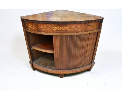  A 19th century Dutch walnut marquetry bow fronted corner cabinet, with five drawers above tambour fronted shelf unit raised 