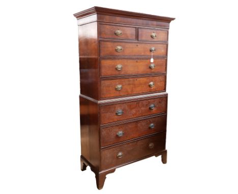 &nbsp;A George III tall solid oak chest on chest top unit, has two above three drawers, base with three deep drawers with bra