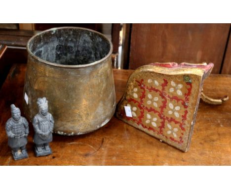 A 19th Century decorated wooden corner wall hanging bracket long with a 18th Century brass pot with two reproduction Chinese 