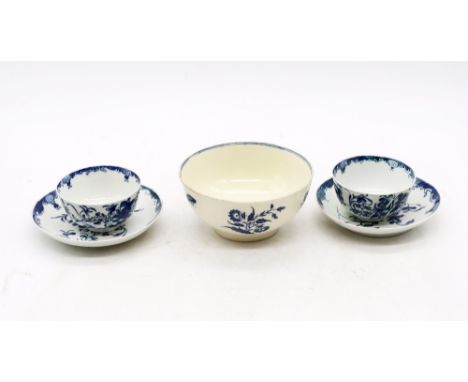 Two mid to late 18th Century blue and white Worcester tea bowls with saucers along with a blue and white Worcester bowl, mark
