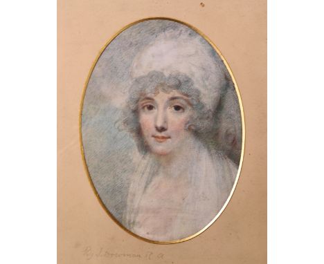 A framed print portrait of a Georgian lady by J Bowman R.A., 20cm x 15cm.