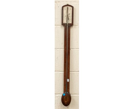  A George III inlaid mahogany stick barometer with cross banding edges, mercury tube with a single silvered dial signed John 