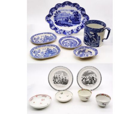 A collection of George III tea bowls with saucers, a large blue and white mug with hunting scene detail, a blue and white Wed