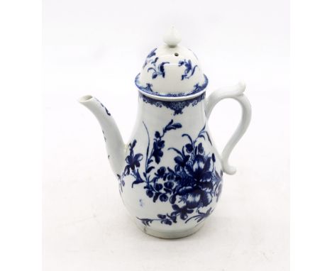 An 18th Century blue and white Worcester porcelain teapot and cover, marks to base, crack to body.