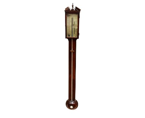 Corti Vecchio &amp; Co early 19th Century mahogany stick barometer with decorative inlay finial to top pediment.