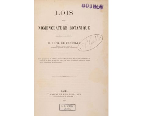 Candolle (Alphonse de). Lois de la Nomenclature Botanique, re?dige?es et commente?es, 1st edition, Paris: V. Masson et Fils, 