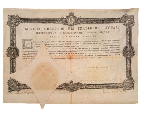 * Catherine II (the 'Great', Empress of Russia, 1729-1796). Document signed, 'Ekaterina' in Russian, 28 November 1791, engrav
