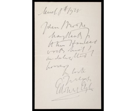 * Elgar (Edward, 1857-1934). Autograph letter signed, Battenhall Manor, Worcester, 8 March 1928, to Harold Brooke, thanking h