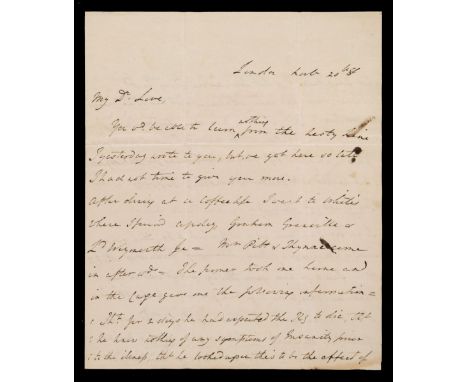 * Madness of King George III. Autograph letter initialled from John Blackburne MP, London, 20 November 1788, to his wife, wri