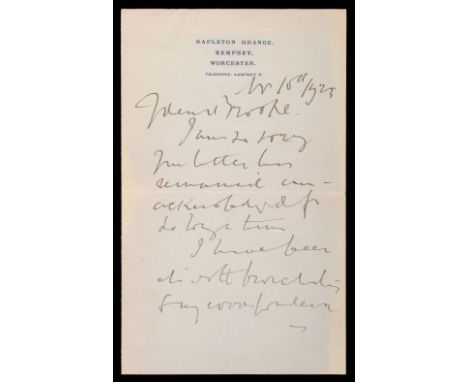 * Elgar (Edward, 1857-1934). Autograph letter signed, Napleton Grange, Kempsey, Worcester, 15 November 1925, to Harold Brooke