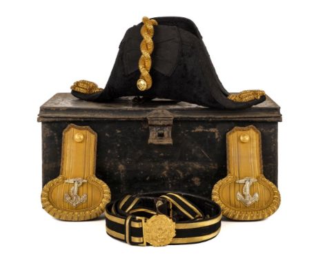 * Larken (Nigel, 1917/18-1941). World War Two period Royal Navy officer's bicorn hat, epaulettes and belt, bicorn hat by Giev