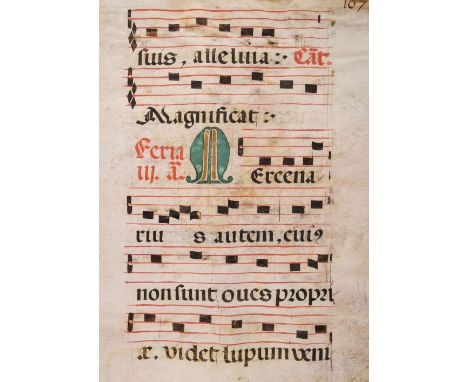 Antiphonal. A part volume containing 21 vellum leaves, 16th century, comprising 21 vellum antiphonal leaves (2 laid down to p