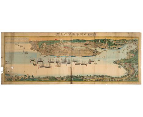 Yokohama. Sadahide (Utagawa, also known as Hashimoto or Go’untei Sadahide,1807- 1878), Panorama of Yokohama, circa 1860, larg