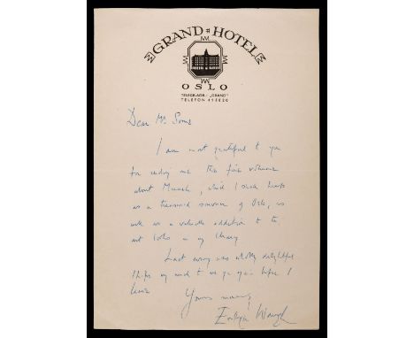 * Waugh (Evelyn, 1903-1966). Autograph letter signed, 'Evelyn Waugh', Grand Hotel, Oslo letterhead, no date, [1947], to Mr So