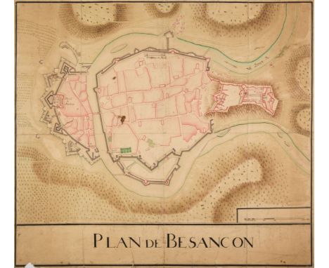 France. Manuscript plan of Besançon, circa 1800, pen, ink and watercolour plan of the fortifications of the city Besancon in 