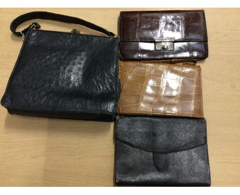 Ostrich feather fan, vintage ostrich leather bag, crocodile leather bag with silver clasp and one other