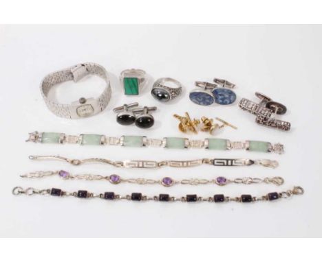 Pair of Norwegian silver cufflinks, other cufflinks and studs, four silver bracelets, two dress rings and vintage wristwatch 