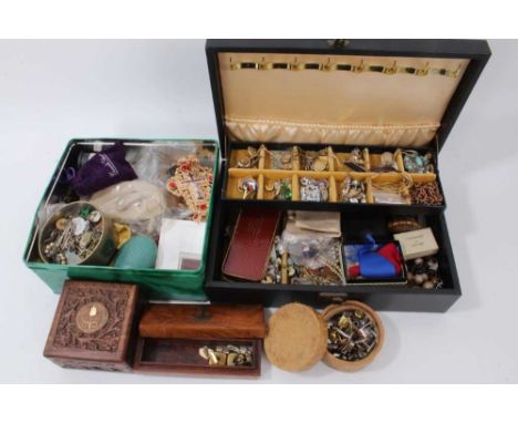 Jewellery box and tin containing quantity costume jewellery including vintage necklaces, badges and pins, cufflinks and bijou