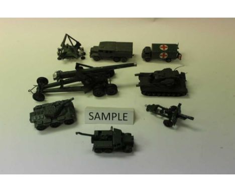 Diecast unboxed selection of military vehicles, various manufacturers including Dinky, Britains, Corgi etc.