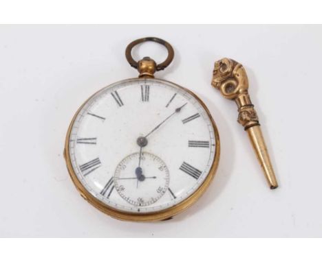 18ct gold cased pocket watch with white enamel face, Roman numeral markers and subsidiary seconds dial, 44mm diameter, and wi