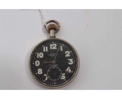 First World War Military issue open face pocket watch, with black dial, subsidiary seconds and white Arabic numerals, the dia