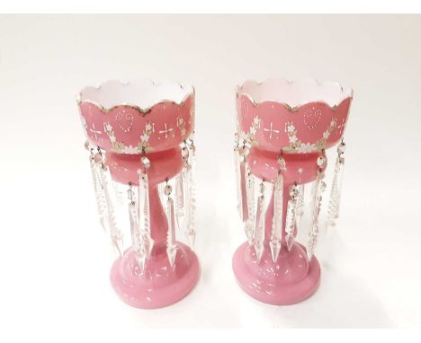 Pair of Victorian pink glass lustres with enamel decoration, 36.5cm highCondition report: Two lustre drops are missing, there
