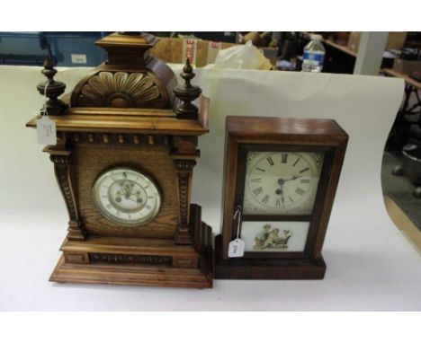 Victorian mantel clock with enamel dial, 58cm high, and an Ansonia clock decorated with an interior scene