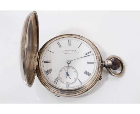 Victorian silver full hunter pocket watch, with white enamel dial, Roman numeral markers and subsidiary seconds, marked T.W P