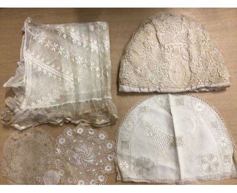 Box of antique lace and linen including Irish crochet, embroidered silk and lace mats, bobbin lace inset cloths and mats, emb
