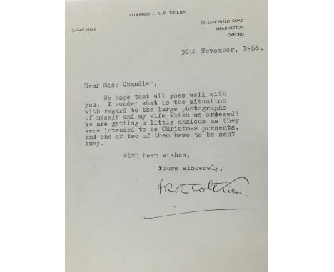 J. R. R. Tolkien (1892-1973) a hand signed typed letter by J. R. R. Tolkien to his official photographer Pamela Chandler, dat