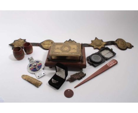 First World War Princess Mary Gift tin, mounted on a wooden base, together with a Second World War Magnetic Marching Compass 