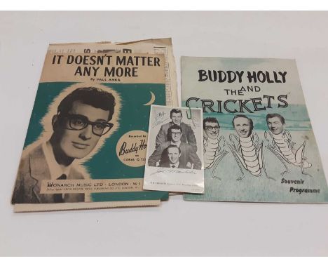 Buddy Holly autograph on postcard as part of The Crickets with 1958 ticket stub and Souvenir Program plus some ephemera.