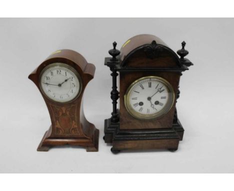 Edwardian inlaid mantle clock and another in ebonised and walnut case (2)
