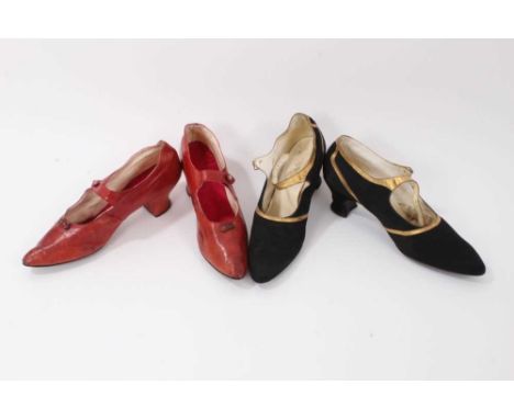 Two pairs of 1920's shoes.  One pair is red leather with small button fastening and other pair is black satin with gold trim 