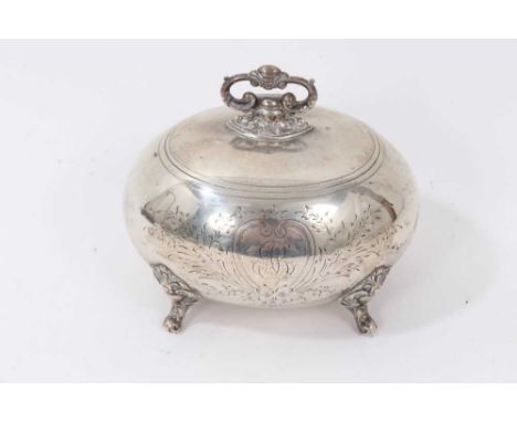 German silver (800) tea caddy of bulbous form with engraved decoration, raised on four feet, 13cm high Condition report: Weig