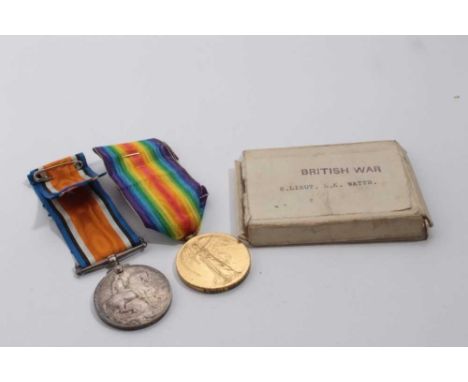 First World War medal pair comprising War and Victory medals named to 2. Lieut. L. K. Watts, together with one box of issue