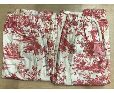 Pair of vintage pink and cream toile fabric curtains, other pieces of blue and white toile, a small lined glazed cotton curta
