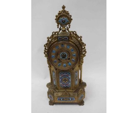 Continental gilt and champleve enamel mantel clock and garniture, the movement stamped 'JWB', on giltwood stands, the clock m