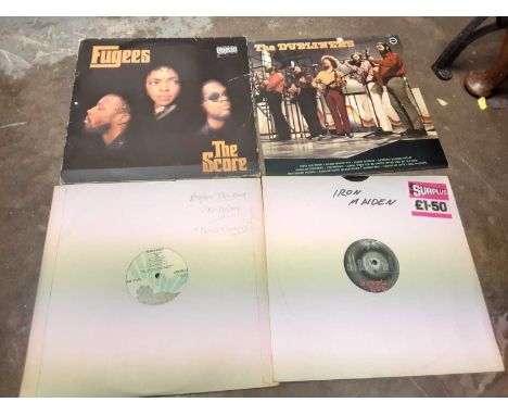 Selection of L.P records including Bob Dylan, Iron Maiden, Buddy Holly, Blondie, The Dubliners etc, in four carrying cases