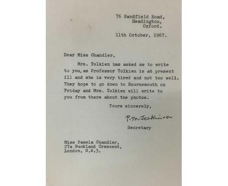 Hand signed letter from P. M. Jenkinson, private secretary to J. R. R. Tolkien to his official photographer Pamela Chandler, 