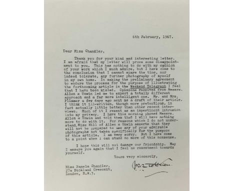 J. R. R. Tolkien (1892-1973) a hand signed typed letter to his official photographer Pamela Chandler, dated 6th February 1967