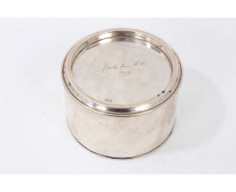 George V silver tea caddy/ biscuit box in the form of a paint tin, the top engraved 'JMB from RW. 1922', London 1921, maker G