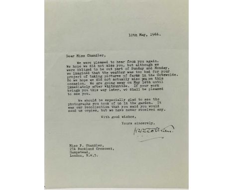J. R. R. Tolkien (1892-1973) hand signed typed letter to his official photographer Pamela Chandler, dated 10th May 1966: Dear