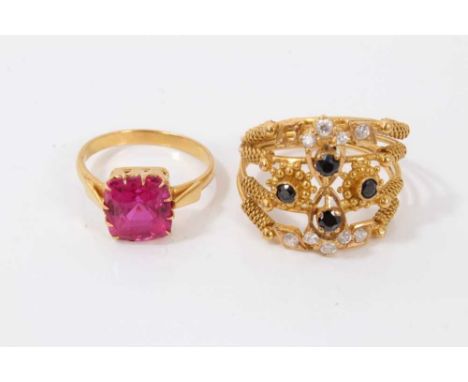 Two Indian yellow metal gem set dress rings including pink cushion cut stone in claw setting, size N½ and a four band ring se