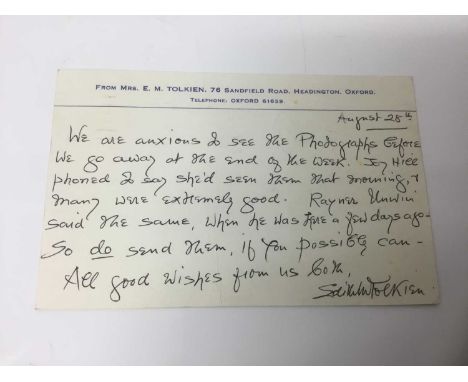 Edith Tolkein (1889-1971) a hand written postcard by the wife of J. R. R. Tolkien to his official photographer Pamela Chandle