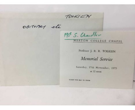 Of Tolkien interest - Entry ticket to the Memorial service for J. R. R. Tolkien, Merton College Chapel, Saturday 17th Novembe