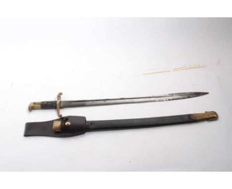 Victorian 1855 Pattern Lancaster sword bayonet with pipe backed blade, brass mounted leather scabbard and frog, regimental ma