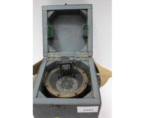 Motor torpedo boat compass in wooden case with canvas strap, stamped date 1944 inside